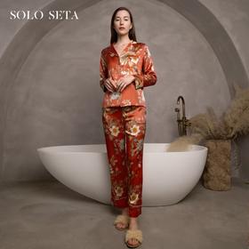Solo seta丝绸印花中国风睡衣套装女家居服桑蚕丝睡衣秋冬真丝