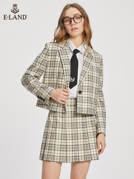 ELAND衣恋经典格纹气质通勤设计感短款西装外套女EEJKC23N1B 商品图0
