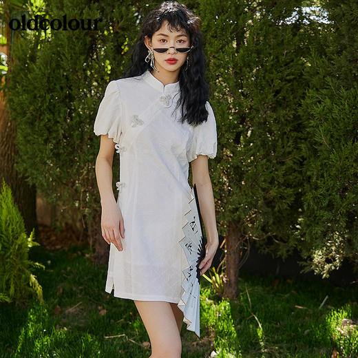 oldcolour2022夏季国潮短款蝴蝶结盘扣立领旗袍连衣裙BO22101019B 商品图1