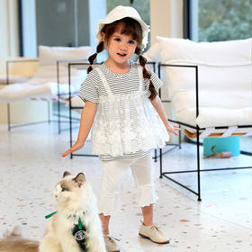 棉果果夏季女童纯棉网纱假两件短袖T恤小裙M222140222293