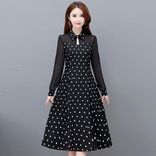 YWE  22717时尚波点连衣裙修身显瘦长袖气质优雅A字裙 商品图1
