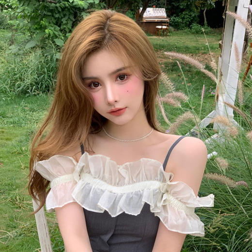 黛唯梵女装夏季2022年新款法式荷叶边裙子一字肩吊带连衣裙修身包臀短裙国庆清明出游 商品图4