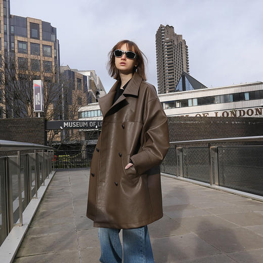   NUTH棕色宽松复古环保皮大衣宽松中长款 商品图1