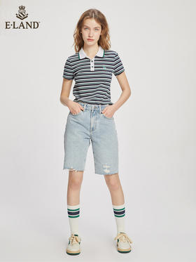 ELAND衣恋2022年春季新款潮酷个性美式设计感剪边破洞牛仔短裤女EETJC23Q2N
