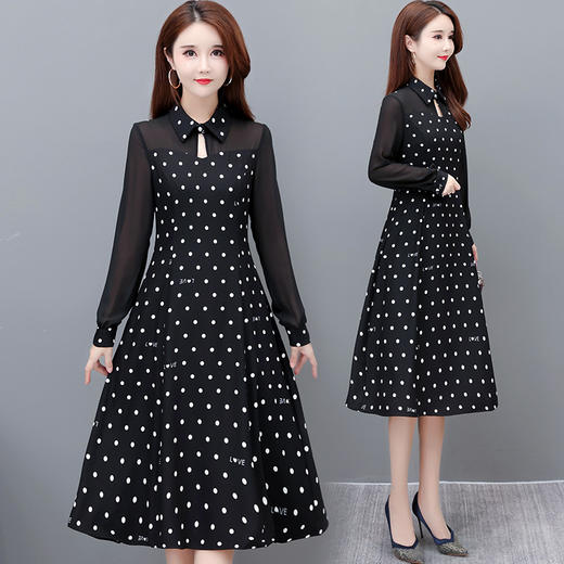 YWE  22717时尚波点连衣裙修身显瘦长袖气质优雅A字裙 商品图3