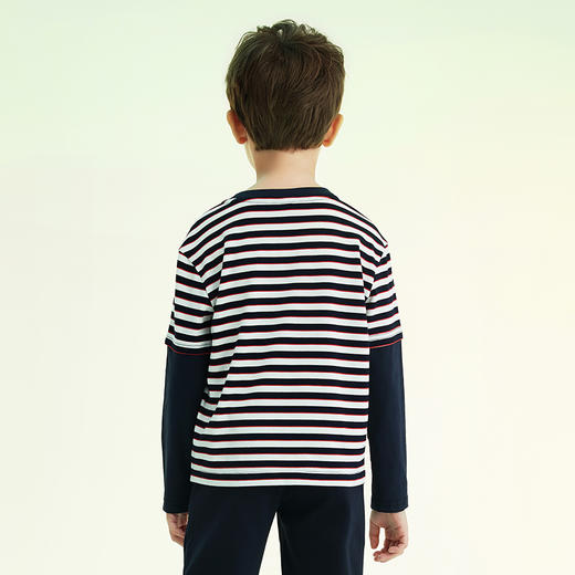 mettekids儿童T恤2022春季新款大童条纹假两件上衣童装男童打底衫 商品图3