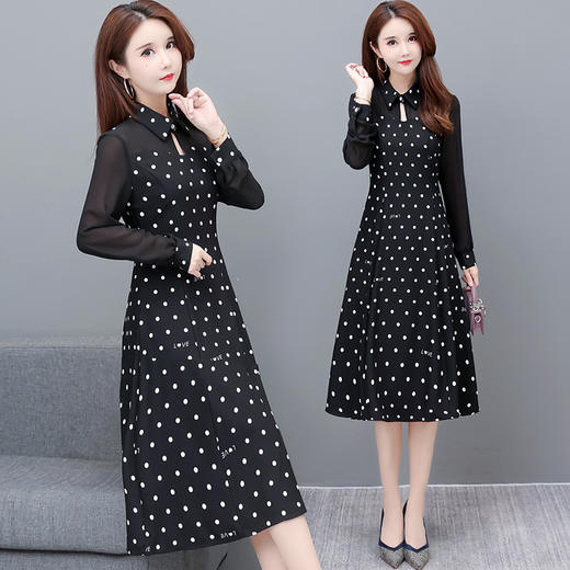 YWE  22717时尚波点连衣裙修身显瘦长袖气质优雅A字裙 商品图0