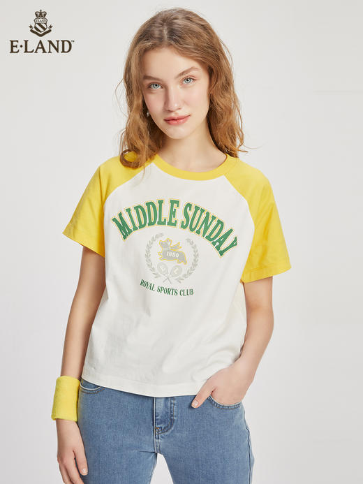 ELAND衣恋2022年春季新款小个子美式设计感撞色插肩纯棉T恤上衣女EERAC24N2M 商品图0