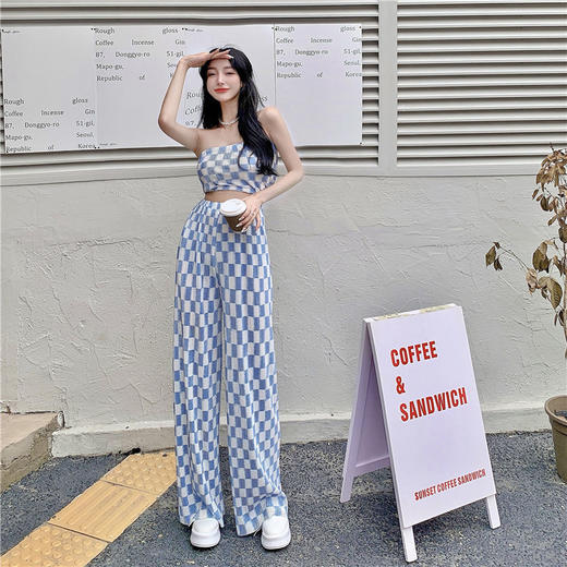 黛唯梵夏季新款套辣妹短款性感抹胸背心上衣格子褶皱阔腿裤休闲两件套女国庆清明出游 商品图4
