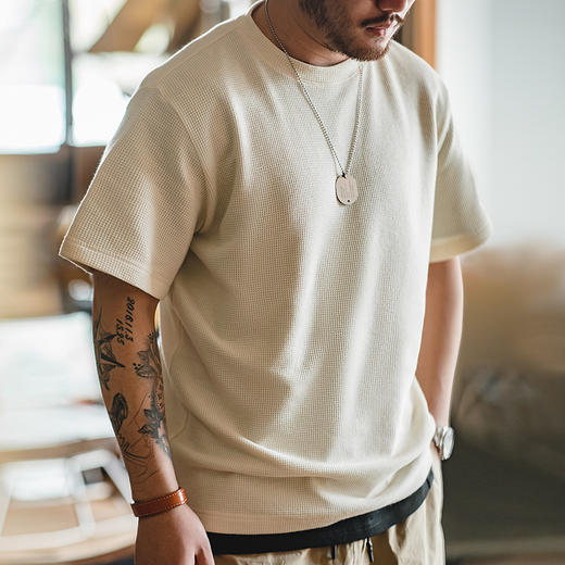 老米优品/ 马登工装 美式复古250g华夫格圆领针织短袖T恤半袖打底衫男夏 商品图1