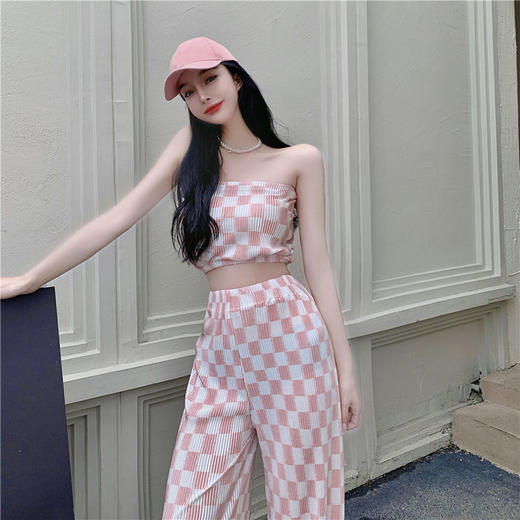 黛唯梵夏季新款套辣妹短款性感抹胸背心上衣格子褶皱阔腿裤休闲两件套女国庆清明出游 商品图6