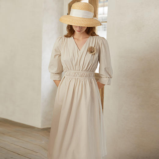 Famecoco范可儿V领收腰连衣裙灯笼袖初恋感长裙夏季减龄F223FA020 商品图1