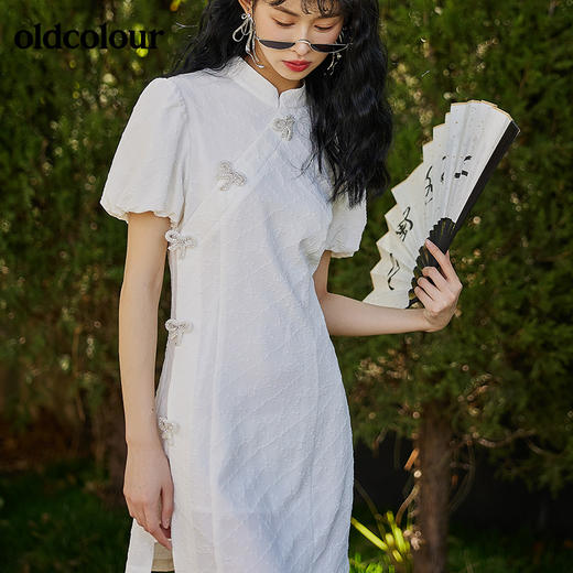 oldcolour2022夏季国潮短款蝴蝶结盘扣立领旗袍连衣裙BO22101019B 商品图3