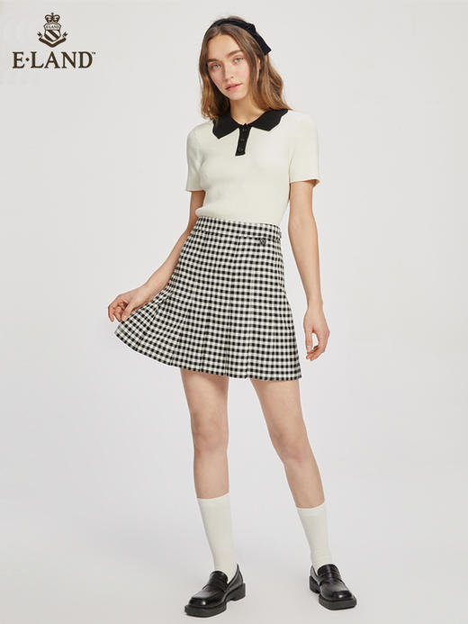 ELAND衣恋复古格纹高腰设计感小众时尚半身裙女EEWHC23N3M 商品图0