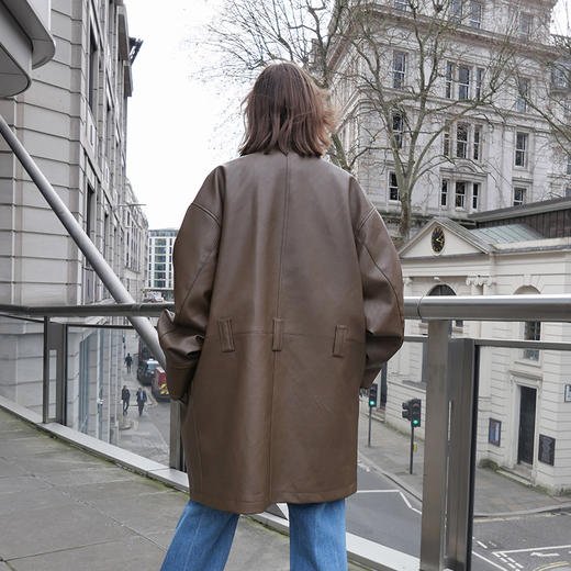   NUTH棕色宽松复古环保皮大衣宽松中长款 商品图3