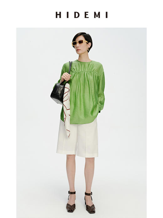HIDEMI 轻盈风缕感简约设计感轻缎感压褶上衣 沁心绿/奶油米 商品图7