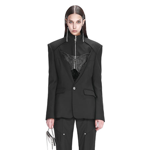   NUTH拼皮打褶宽肩修身廓形黑色西服小高领收腰西装 商品图1