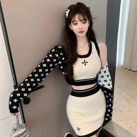 纯欲风甜辣套装2022新款小众外套开衫性感吊带气质包臀裙子三件套国庆清明出游