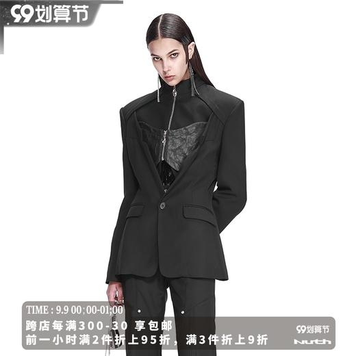   NUTH拼皮打褶宽肩修身廓形黑色西服小高领收腰西装 商品图3