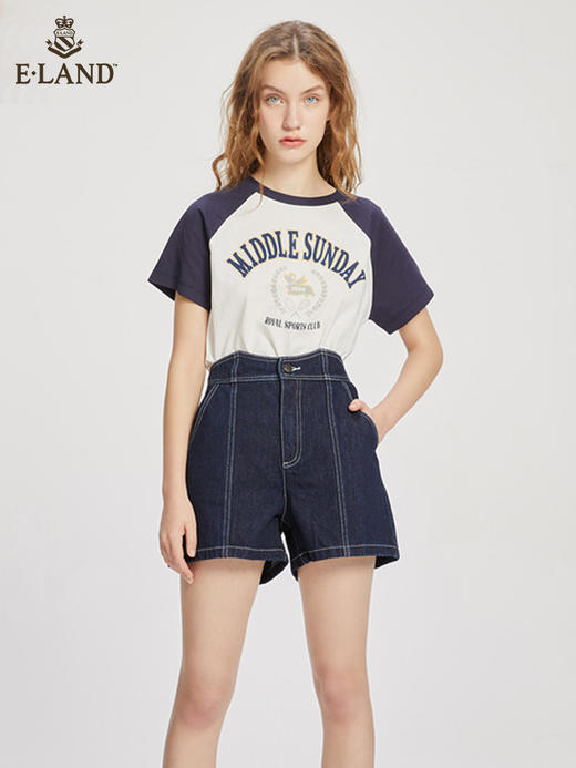 ELAND衣恋复古别致宽松显瘦不规则裤腰牛仔短裤女EETJC24H4M 商品图0