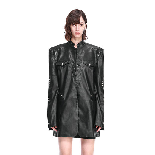 NUTH拼皮立领多结构撞钉装饰皮西服外套 商品图0