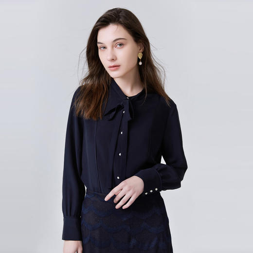 METTE22年春夏新品女士100%桑蚕丝衬衫长袖翻领系带休闲打底衬衣 商品图1