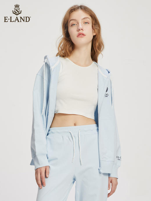 ELAND衣恋2022年春季新款运动休闲简约纯色抽绳连帽拉链卫衣女 EEMTC23E1M 商品图4