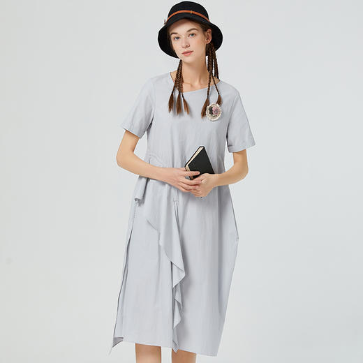 Famecoco范可儿纯棉不对称连衣裙女夏荷叶边长裙气质超仙F223FA006 商品图0