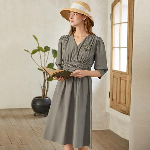 Famecoco范可儿V领收腰连衣裙灯笼袖初恋感长裙夏季减龄F223FA020 商品图3
