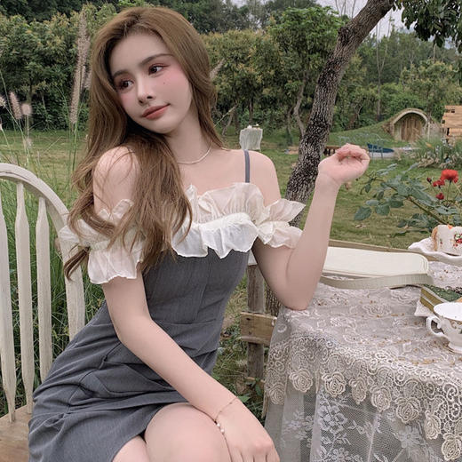 黛唯梵女装夏季2022年新款法式荷叶边裙子一字肩吊带连衣裙修身包臀短裙国庆清明出游 商品图1