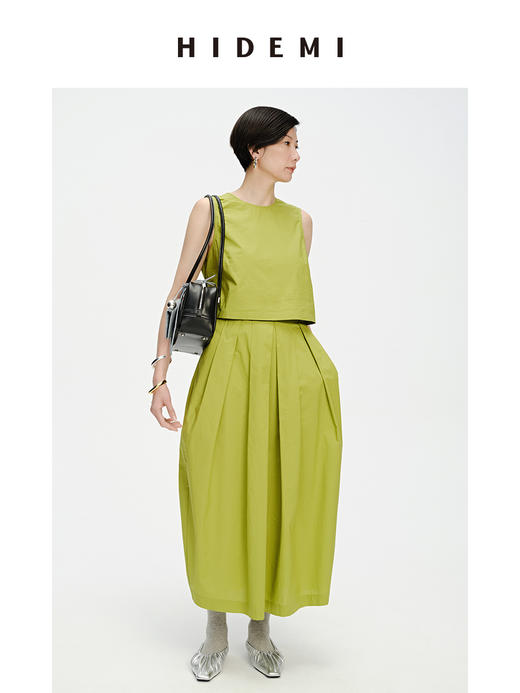 HIDEMI 简约拉链设计感自然棉质三件套套装 苹果绿衬衫/苹果绿茧型半身裙/雾霾蓝衬衫/雾霾蓝茧型半身裙/苹果绿短背心/雾霾蓝短背心 商品图7
