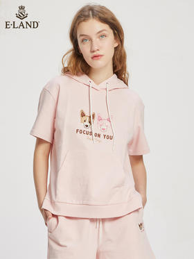 ELAND2022年春季新款甜美柯基刺绣连帽短袖上衣卫衣女EEMTC24E1M