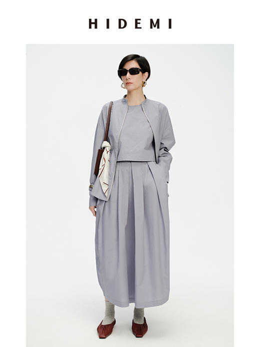 HIDEMI 简约拉链设计感自然棉质三件套套装 苹果绿衬衫/苹果绿茧型半身裙/雾霾蓝衬衫/雾霾蓝茧型半身裙/苹果绿短背心/雾霾蓝短背心 商品图2