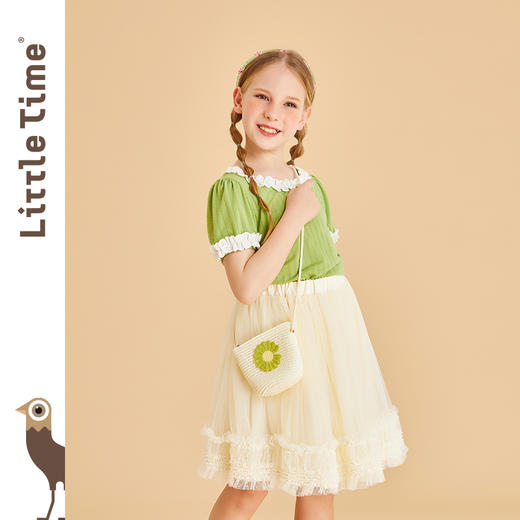 littletime女童花边短袖T恤夏季绿色文艺新款中大童儿童上衣 商品图2