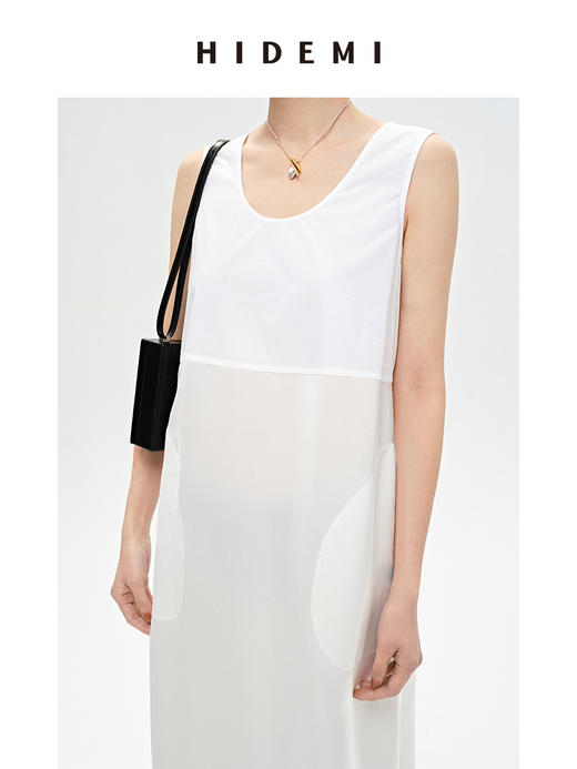 HIDEMI 白色简约设计感圆领缎面棉质口袋拼接大廓形连衣裙 商品图3