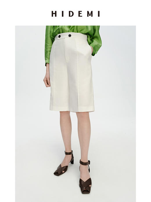 HIDEMI 两粒扣纤维显瘦西裤中短裤 奶茶色/白色 商品图7