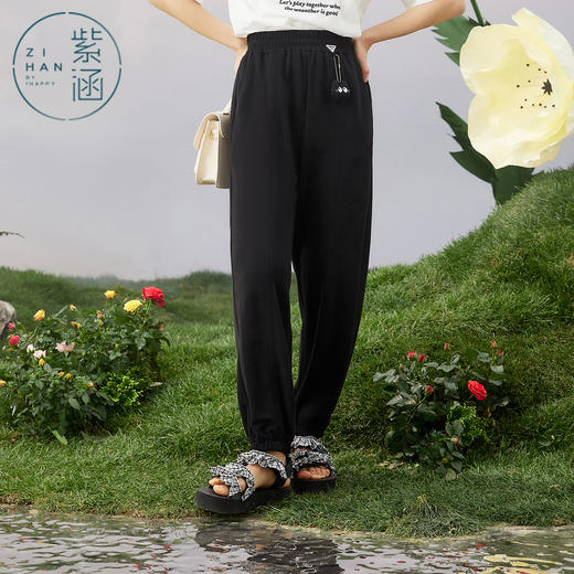 ZIHAN紫涵高腰针织运动裤女2022夏新款松紧腰直束脚裤简约直筒百搭长裤Z2Z03BS180 商品图0