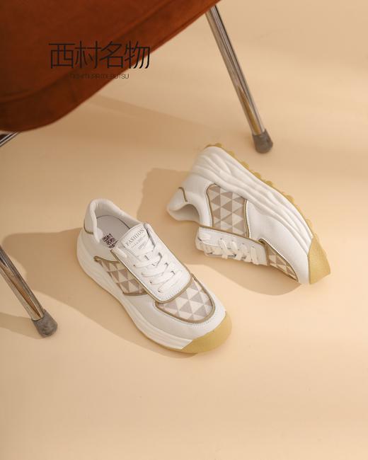 西村名物2022新款棋盘格休闲厚底系带运动小白鞋X22AM10131 商品图3