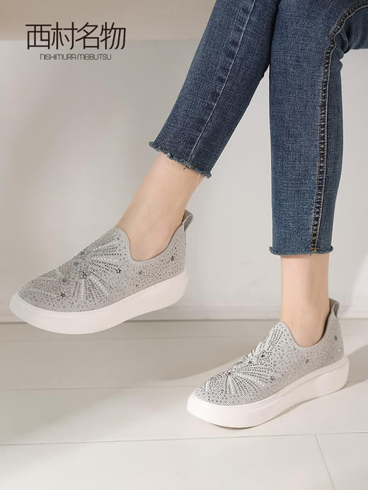 西村名物单鞋女平底飞织水钻2022春时尚舒适一脚蹬休闲板鞋T22AM10381 商品图3