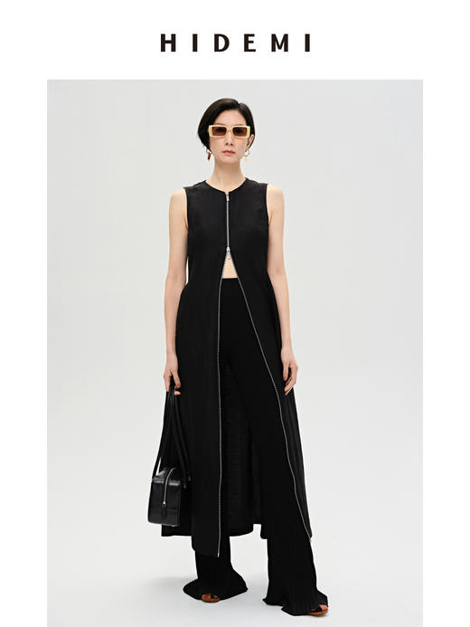 HIDEMI 简约设计感圆领拉链式收腰显瘦亚麻连衣裙 黑色/咖啡色 商品图8