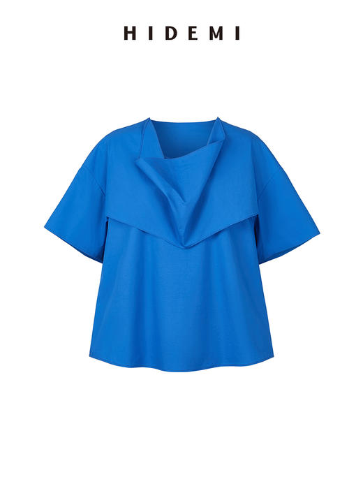 HIDEMI 克莱因蓝简约堆叠门襟双片式剪裁设计感自然棉质短袖衬衫 商品图6