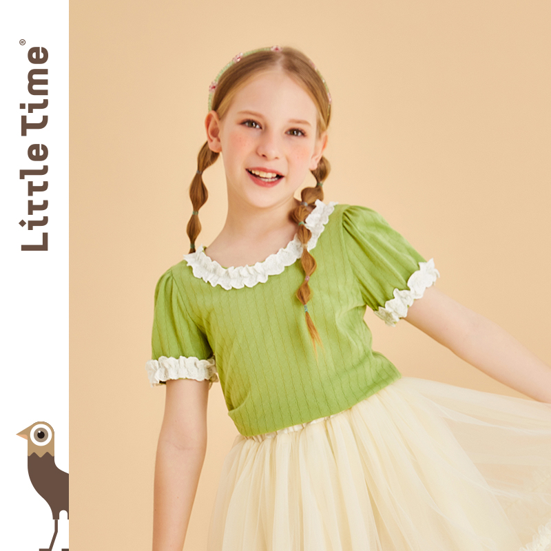 littletime女童花边短袖T恤夏季绿色文艺新款中大童儿童上衣