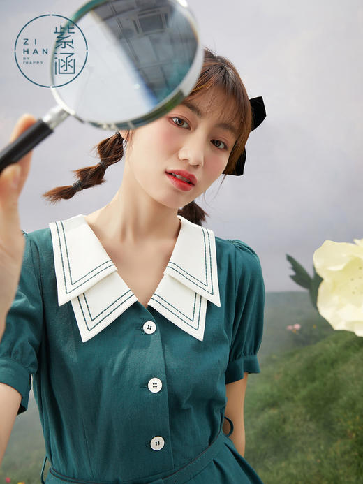 ZIHAN紫涵收腰大摆连衣裙女2022夏季新款气质收腰撞色双层领长裙泡泡袖Z2Z03BS156 商品图6