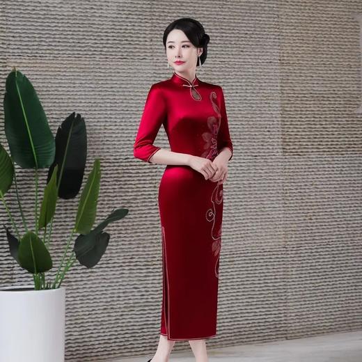 MH-新款重磅醋酸旗袍连衣裙复古改良时尚结婚敬酒长款七分袖 商品图3