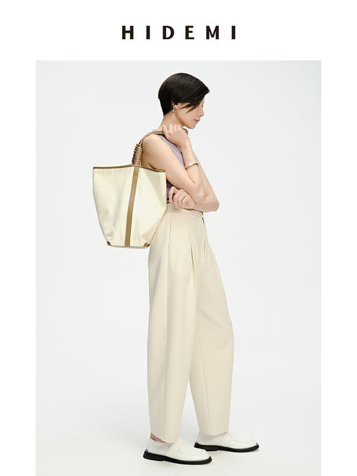 HIDEMI 一粒扣显瘦舒适茧型九分裤 豆乳白/黑色 商品图9