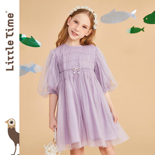 littletime儿童超仙紫色七分袖网纱公主裙春夏新款女童连衣裙 商品图1