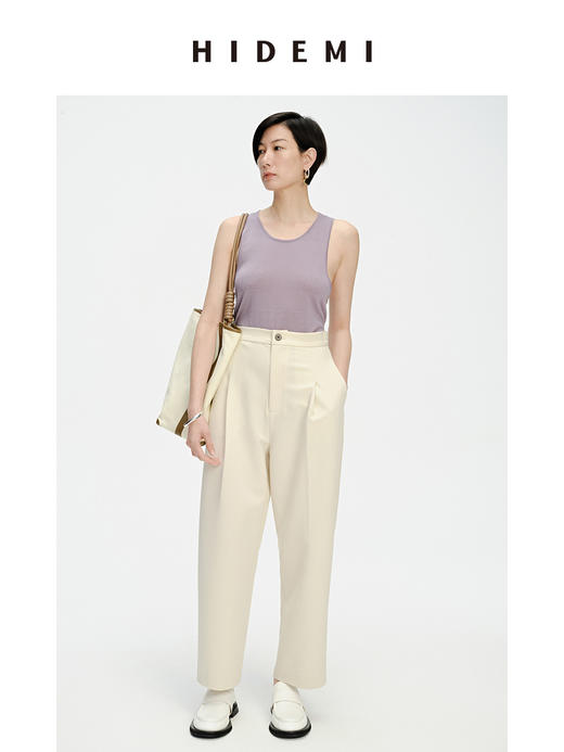 HIDEMI 一粒扣显瘦舒适茧型九分裤 豆乳白/黑色 商品图7