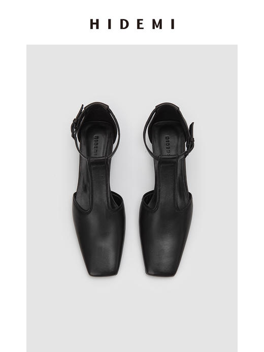 HIDEMI 羊皮方尖头复古设计感小跟凉鞋皮鞋 黑色/裸米色 商品图7