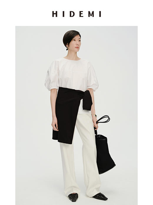 HIDEMI 简约廓形短袖设计感自然棉质衫衬上衣 白色/黑色 商品图1