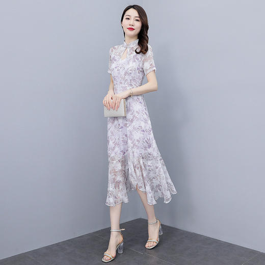 雪纺复古，短袖改良版旗袍中长款鱼尾边连衣裙HR-SSFB2555 商品图5